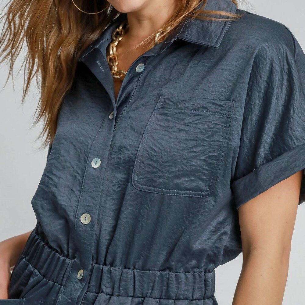 Umgee Button Down Charmeuse Romper - Navy - Picture 4 of 4